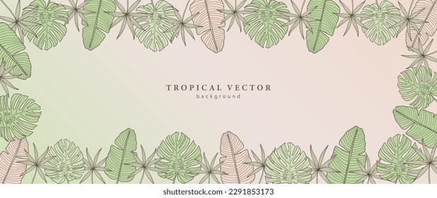 Vector tropical background for photo or text with green and pale pink palm leaves, monsetra leaves. Background for postcards, covers, business cards and presentations