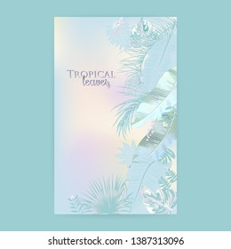 Vector tropical background in trendy pastel colors. Can be used for brochure template, poster, wedding invitation or card design with jungle leaves. Exotic botanical design for cover.