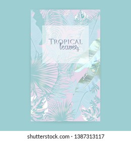 Vector tropical background in trendy pastel colors. Can be used for brochure template, poster, wedding invitation or card design with jungle leaves. Exotic botanical design for cover.