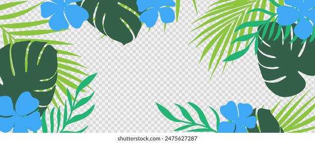 Vector tropical background with various tropical plants and flowers. Monstera leaves, palm branches, fern.