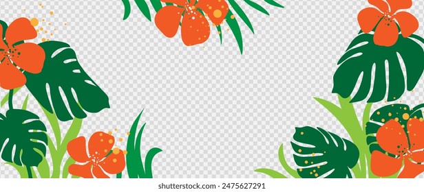 Vector tropical background with various tropical plants and flowers. Monstera leaves, palm branches, fern.