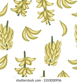 Vector tropical banana fruit, bunch and twig seamless pattern. Jungle foliage repeat background. Hand drawn exotic plant texture.