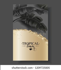 Vector tropical banner with black banana leaves and gold splashes on dark background. Luxury exotic botanical design for cosmetics, spa, perfume, aroma, beauty salon. Best as wedding invitation card