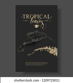 Vector tropical banner with black banana leaves and gold splashes on dark background. Luxury exotic botanycal design for cosmetics, spa, perfume, aroma, beauty salon. Best as wedding invitation card