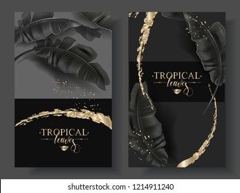 Vector tropical banner with black banana leaves and gold splashes on dark background. Luxury exotic botanical design for cosmetics, spa, perfume, aroma, beauty salon. Best as wedding invitation card