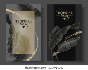 Vector tropical banner with black banana leaves and gold splashes on dark background. Luxury exotic botanical design for cosmetics, spa, perfume, aroma, beauty salon. Best as wedding invitation card