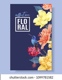 Vector tropical banner with bright flowers and hummingbird on dark blue. Exotic floral design for cosmetics, spa, perfume, health care products, wedding invitation. Best as summer background.