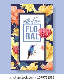 Vector tropical banner with bright flowers and hummingbird on dark blue. Exotic floral design for cosmetics, spa, perfume, health care products, wedding invitation. Best as summer background.