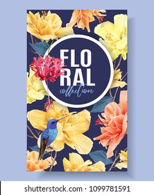 Vector tropical banner with bright flowers and hummingbird on dark blue. Exotic floral design for cosmetics, spa, perfume, health care products, wedding invitation. Best as summer background.