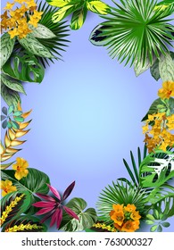 Vector tropical banner with tropical flowers and plants. Exotic design for cosmetics, spa, perfumes, health products. With space for text. Wedding or summer background, travel