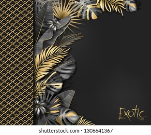 Vector tropical banner with gold and black exotic leaves on dark gray background. Luxury exotic botanical design. Template for wedding invitation card