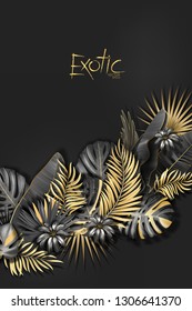 Vector tropical banner with gold and black exotic leaves on dark gray background. Luxury exotic botanical design. Template for wedding invitation card