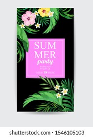 Vector tropical banner. Tropical leaf with exotic flowers and palm leaves. Template design. Vector illustration.
