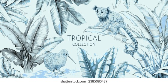 Vector tropical banner with palm leaves. monkey and kiwi bird on blue background. Luxury exotic botanical design for cosmetics, wedding invitation, spa, perfume, beauty, travel, packaging design