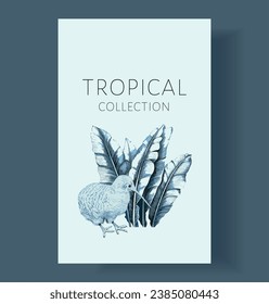 Vector tropical banner with palm leaves and kiwi bird on gold background. Luxury exotic botanical design for cosmetics, wedding invitation, spa, perfume, beauty, travel, packaging design