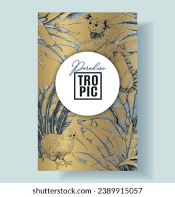 Vector tropical banner with palm leaves, monkey and kiwi bird on gold background. Luxury exotic botanical design for cosmetics, wedding invitation, spa, perfume, beauty, travel, packaging design
