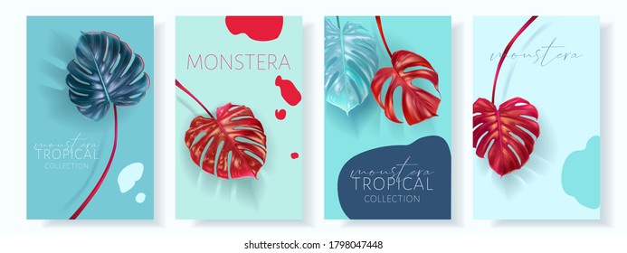 Vector tropical banner set with red and blue monstera leaves. Luxury exotic botanical design for cosmetics, wedding invitation, summer banner, perfume, beauty, travel, packaging design