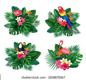 Vector tropical banner set. Summertime design for advertising with jungle birds and leaves and flowers. Toucan, flamingo, parrot, strelitzia, plumeria, areca palm, monstera.