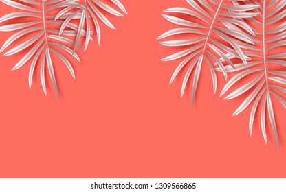 Vector tropical banner with silvery palm leaves on living coral backdrop. Exotic hawaiian jungle design, summertime background. Pastel minimal style