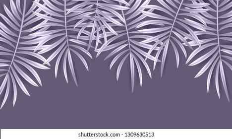 Vector tropical banner with silvery palm leaves ondark purple backdrop. Exotic hawaiian jungle design, summertime background. Pastel minimal style