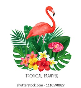 Vector tropical banner. Summer design for advertising with flamingo, tropical leaves and flowers. Image with plumeria, jungle exotic leaf, anthurium, areca palm, monstera, plumeria and exotic bird.