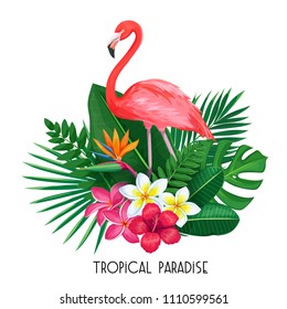Vector tropical banner. Summer design for advertising with flamingo, tropical leaves and flowers. Image with strelitzia, plumeria, jungle exotic leaf, hibiscus, monstera, plumeria and exotic bird.