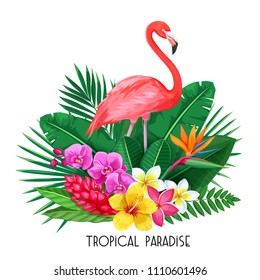 Vector tropical banner. Summer design for advertising with flamingo, tropical leaves and flowers. Image with strelitzia, plumeria, jungle exotic leaf, areca palm, orchid, plumeria and exotic bird.