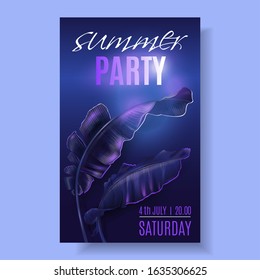Vector tropical banner with violet banana leaves and pink neon letters on dark blue background. Exotic design for night music party, beach event invitation, dance party, summer sale, cosmetics flyer
