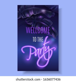 Vector tropical banner with violet banana leaves and pink neon letters on dark blue background. Exotic design for night music party, beach event invitation, dance party, summer sale, cosmetics flyer