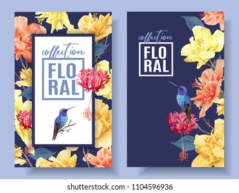 Vector tropical banners with bright flowers and hummingbird on dark blue. Exotic floral design for cosmetics, spa, perfume, health care products, wedding invitation. Best as summer background.