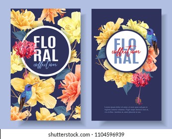 Banderas tropicales vectoriales con flores brillantes y colibrí sobre azul oscuro. Exótico diseño floral para cosméticos, spa, perfume, productos de salud, invitación a la boda. Mejor como fondo de verano.