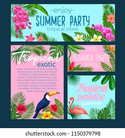 Vector tropical banners. Floral jungle summer background with birds pink flamingo and toucan, exotic leaf monstera, areca palm, royal fern and plumeria. Strelitzia, hibiscus, orchid or ginger flower.