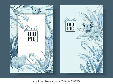 Vector tropical banners with palm leaves, monkey and kiwi bird on blue background. Luxury exotic botanical design for cosmetics, wedding invitation, spa, perfume, beauty, travel, packaging design