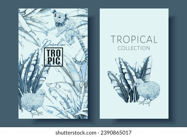 Vektortropische Banner mit Palmenblättern, Affen und Kiwi-Vogel auf blauem Hintergrund. Luxus exotisches botanisches Design für Kosmetik, Hochzeitseinladung, Spa, Parfüm, Schönheit, Reisen, Verpackungsdesign