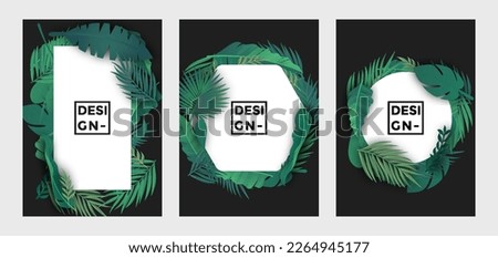  Vector tropical banners set. Banana leaf with gold splash on black background. Exotic botany for cosmetics, spa, perfume, health care products, aroma, tourist agency, summer party invitation