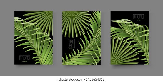 Vector tropical banners set. Palm leaf with text on black background. Exotic botany for cosmetics, spa, perfumery, health products, fragrance, travel agency, summer party invitation