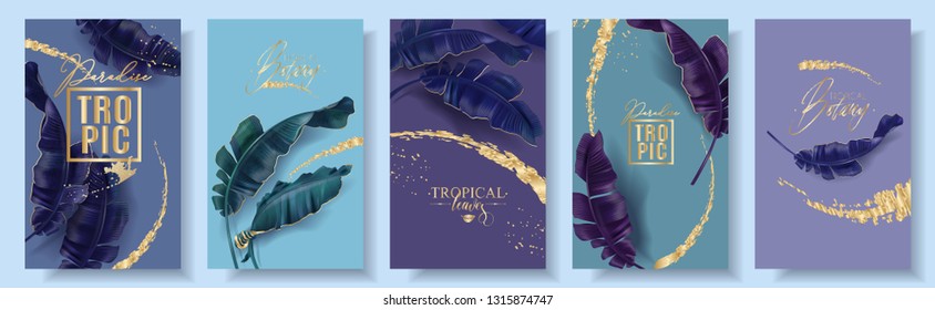 Vector tropical banners set. Purple and emerald banana leaves with gold splashes. Exotic botany design for cosmetics, spa, perfume, health care product, tourist agency. Best as summer party invitation