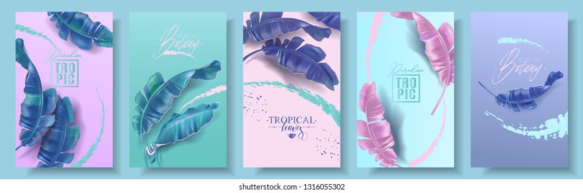 Vector tropical banners set. Purple, pink and emerald banana leaves with splashes. Exotic botany design for cosmetics, spa, perfume, health care product, tourist agency.Best as summer party invitation