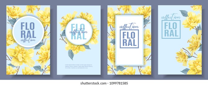 Vector tropical banners set with yellow hibiscus flowers on blue background. Exotic floral design for cosmetics, spa, perfume, health care products, wedding invitation, summer background.