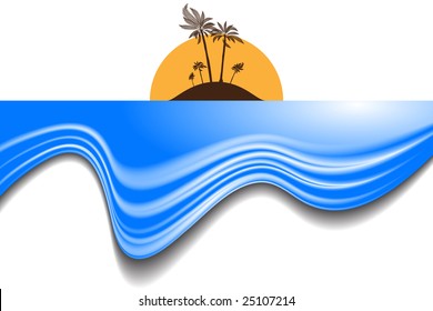Vector - Tropical beach island with blue waves at sunset