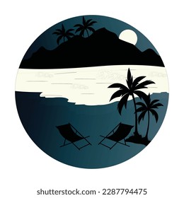 Vector tropical beach night view mountains and ocean side reflection illustration stylish t-shirt and apparel trendy design.