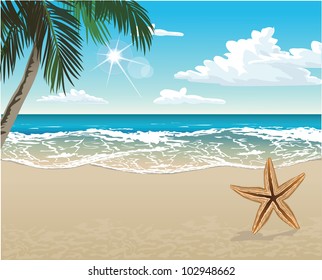 Vector tropical beach with a palm tree and copy space