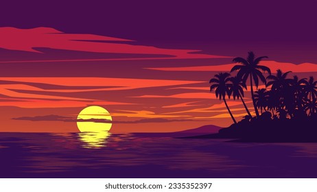Vector tropical beach sunset landscape with colorful glowing sky and palm trees