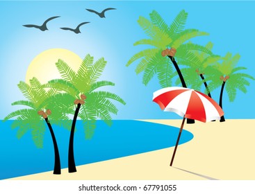 vector tropical beach with umbrella