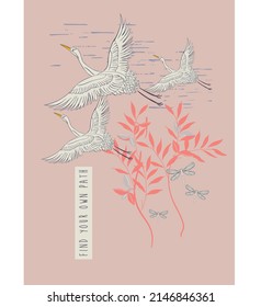 Vector tropical birds and dragonflies print design.