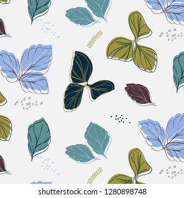 Vector tropical blue green palm leaves with grunge decoration. Exotic violet green paint traces on background. Tropical leaves dynamic pattern