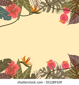 Vector tropical border frame with flower and palm leaves monkey on light background