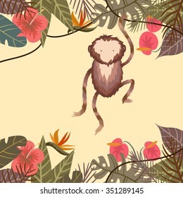 Vector tropical border frame with flower, palm leaves and monkey on light background