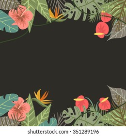 Vector tropical border frame with flower and palm leaves monkey on dark background