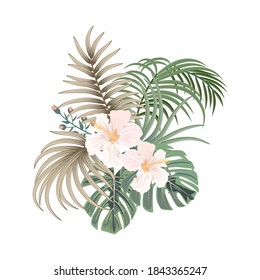 Vector tropical bouquet of palm tree leaves and  flowers isolated on white background. Hawaiian style floral arrangement for design banners, posters, wallpaper, invitation, wedding or greeting cards.